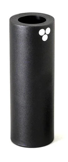 Matte black BMX peg with small white logo, cylindrical, for freestyle bikes