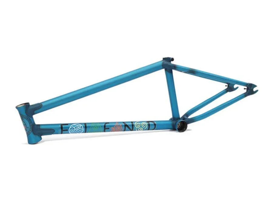 Blue BMX bike frame with colorful graphic decals on down tube, isolated on white background