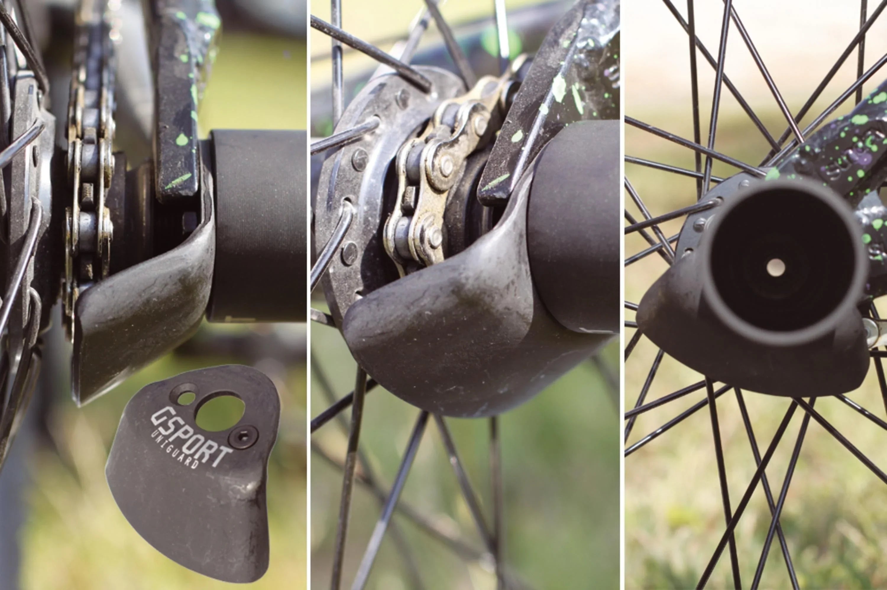 Protège-chaîne GSport Uniguard pour BMX, vue détaillée sur cadre et roue
