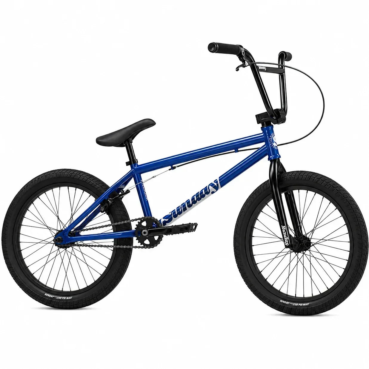 Vélo BMX bleu Sunday avec cadre et pneus noirs sur fond blanc