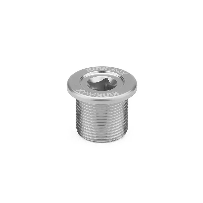Silver BMX fork top cap with KINKBMK engraving, threaded metal bike component