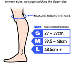 Knee measuring guide for BMX pads with size chart for small, medium, and large knee circumference.