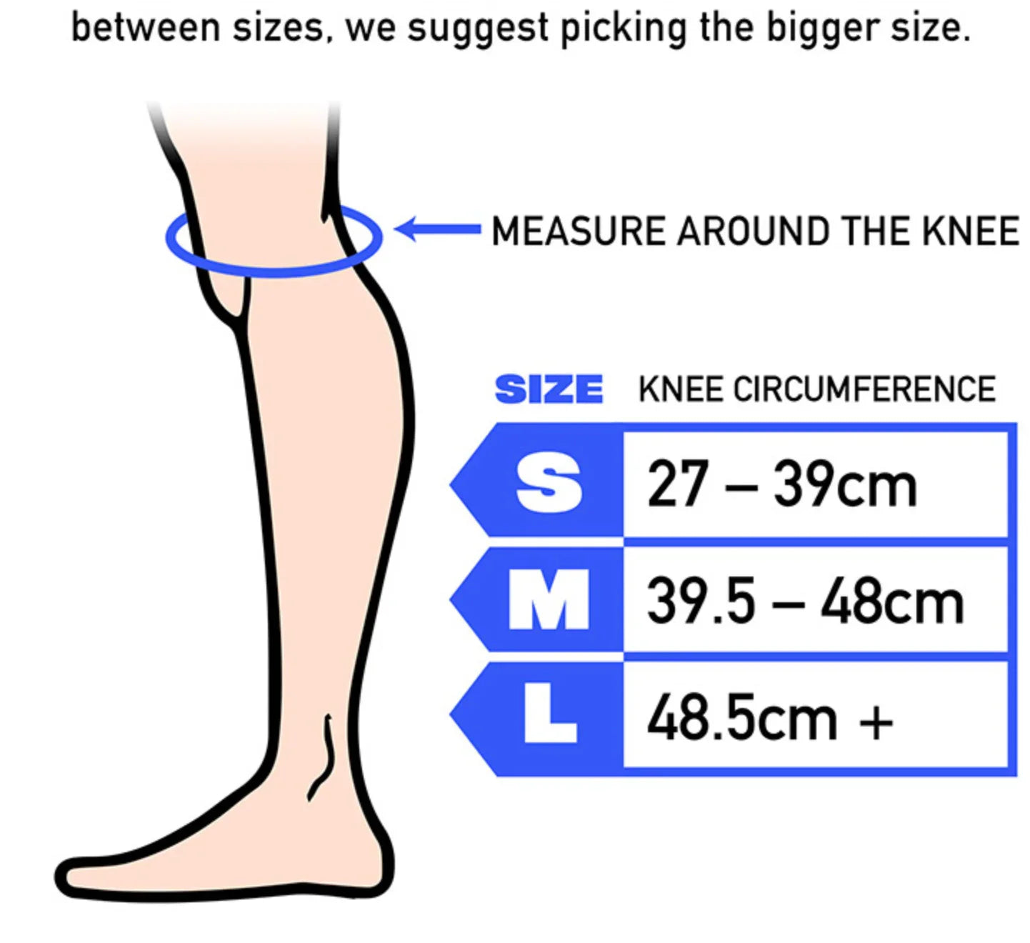 Knee measuring guide for BMX pads with size chart for small, medium, and large knee circumference.