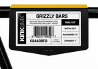Kink BMX Grizzly Bars label on black handlebar, showing specs like 9 inch rise, 29.5 inch width.