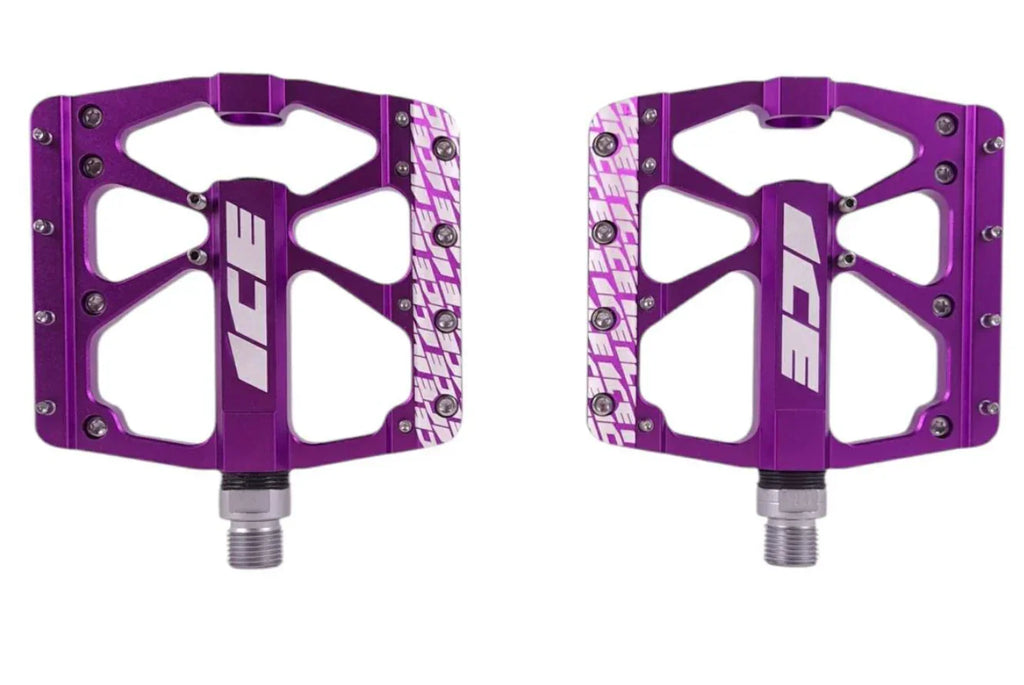 Pédales BMX violettes ICE avec crampons et design perforé pour grip optimal