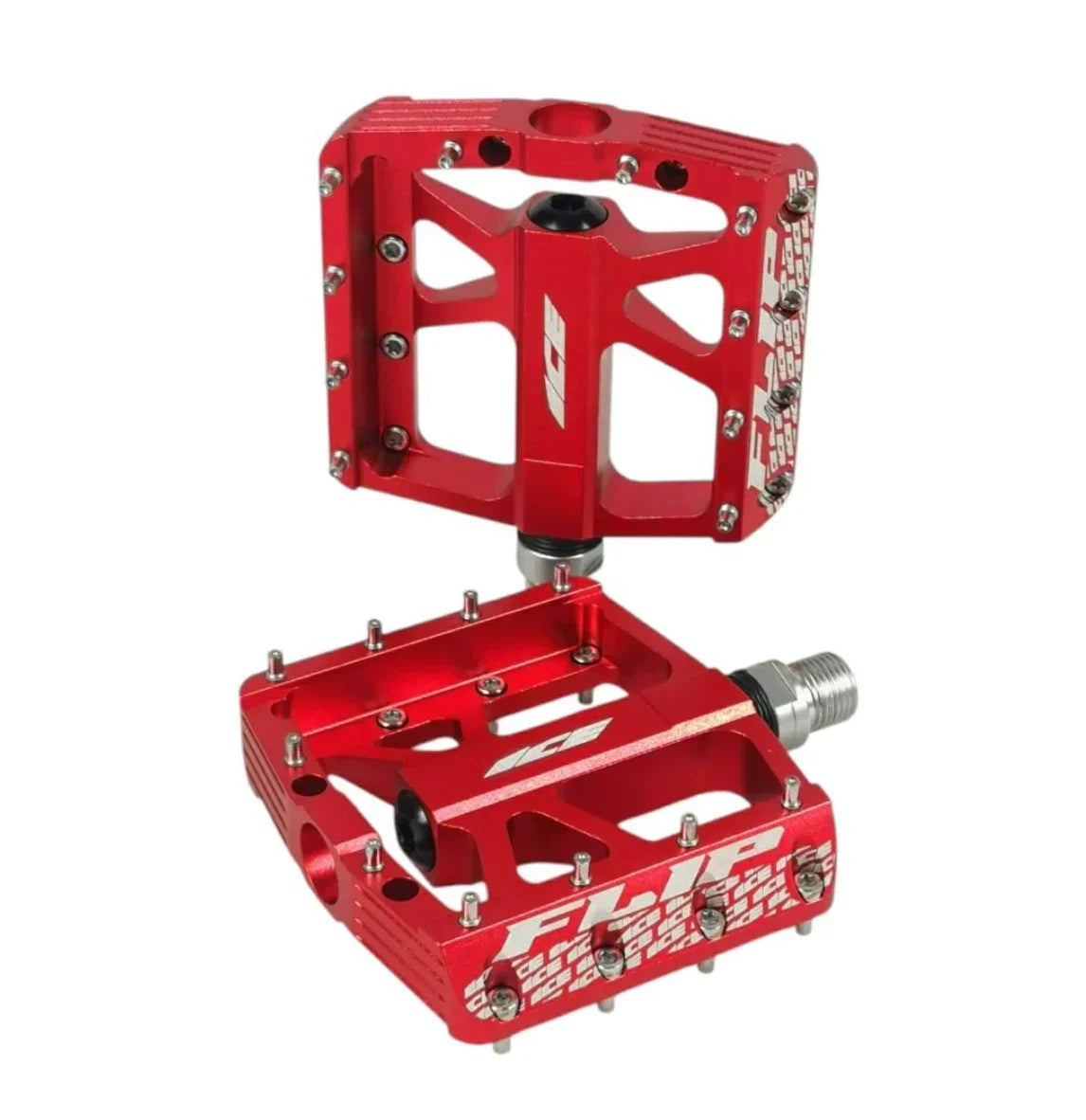 Pédales BMX rouges en aluminium avec crampons et logo ICE, design robuste pour freestyle