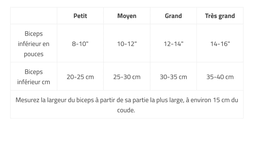 Tableau des tailles pour la mesure du biceps inférieur en pouces et centimètres.