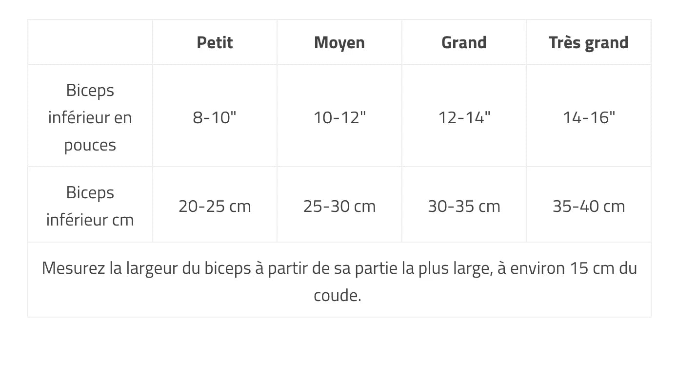 Tableau des tailles pour la mesure du biceps inférieur en pouces et centimètres.