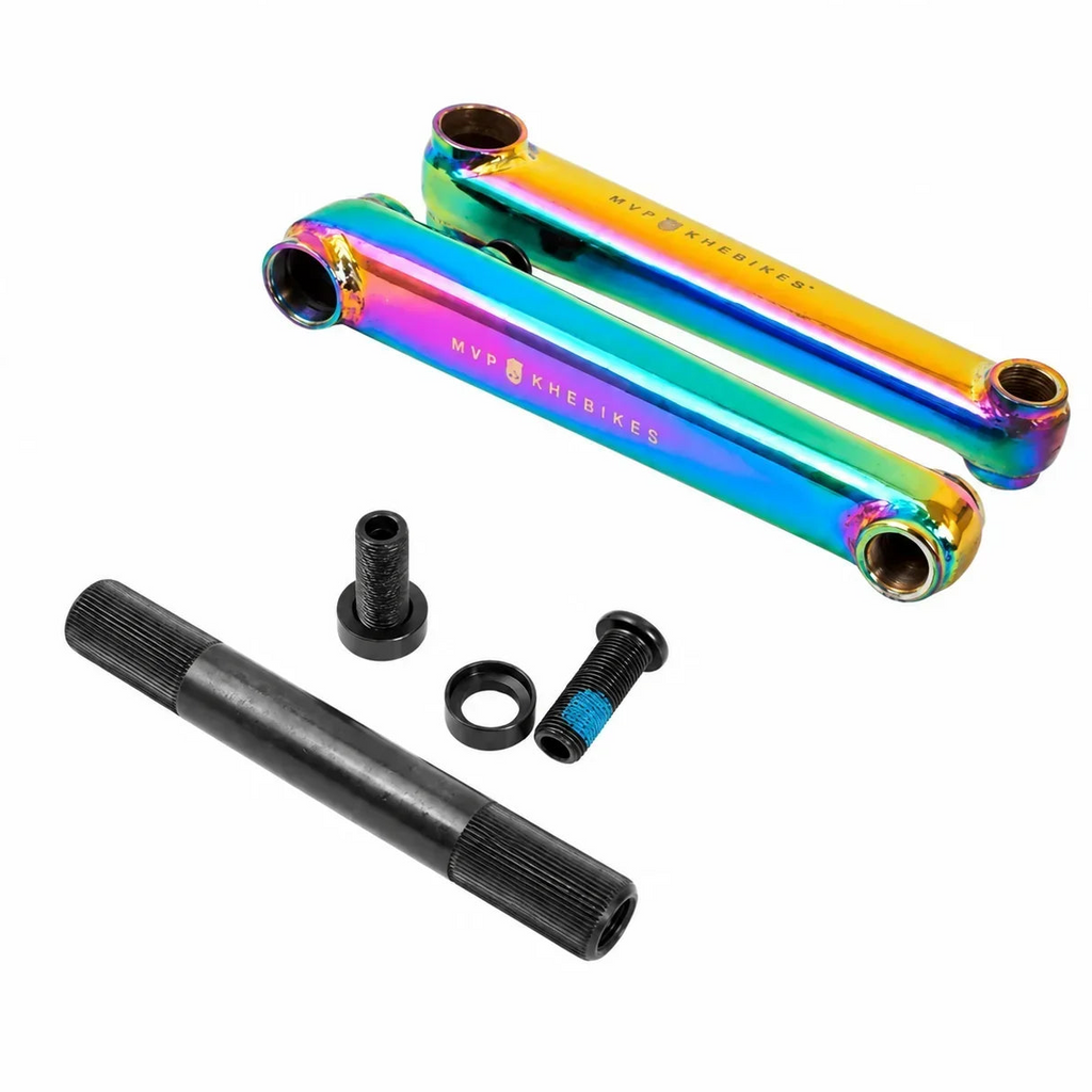 Manivelles BMX arc-en-ciel avec pièces noires et bleues, MVP KHEBIKES