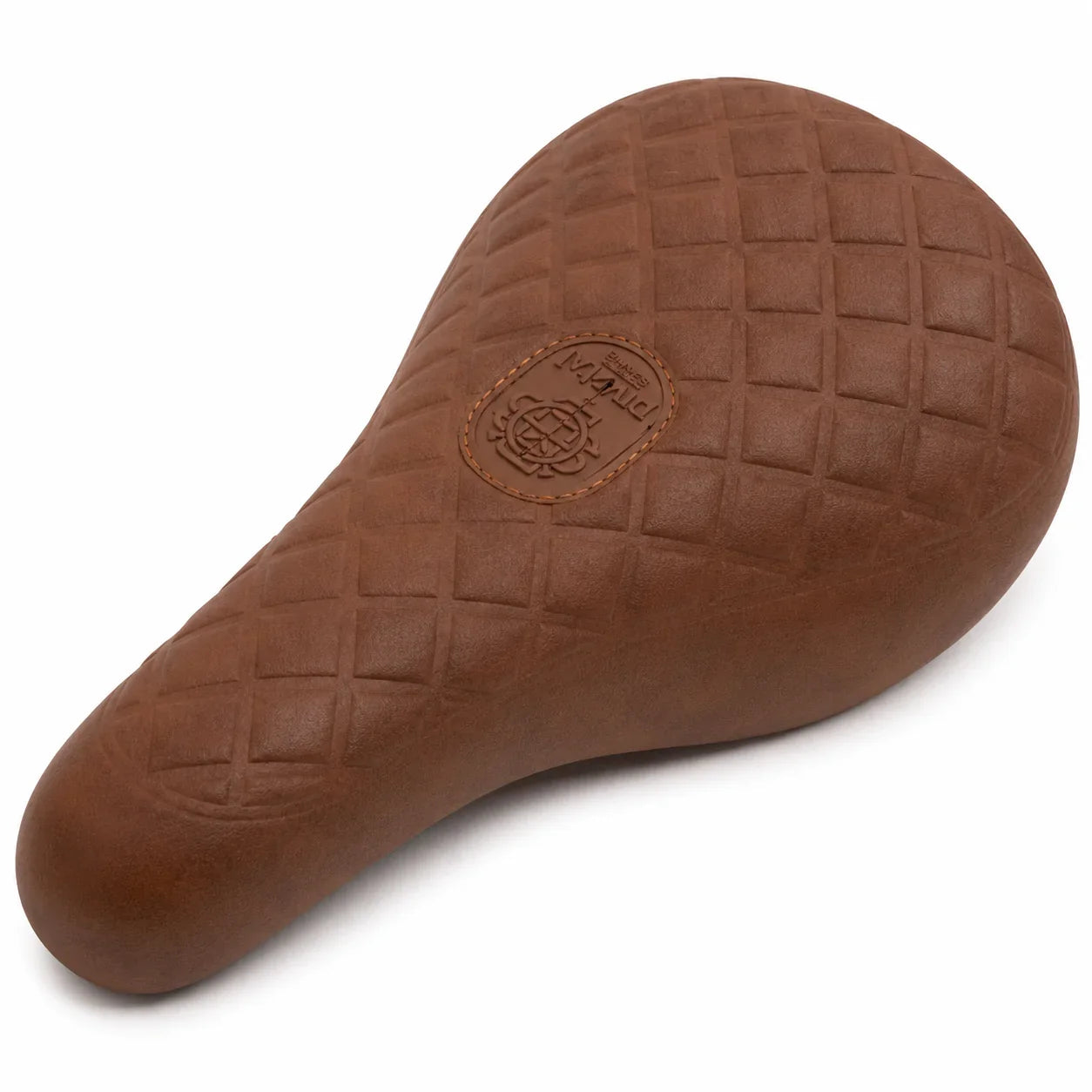 Selle BMX marron texturée avec logo embossé, design ergonomique pour vélo freestyle