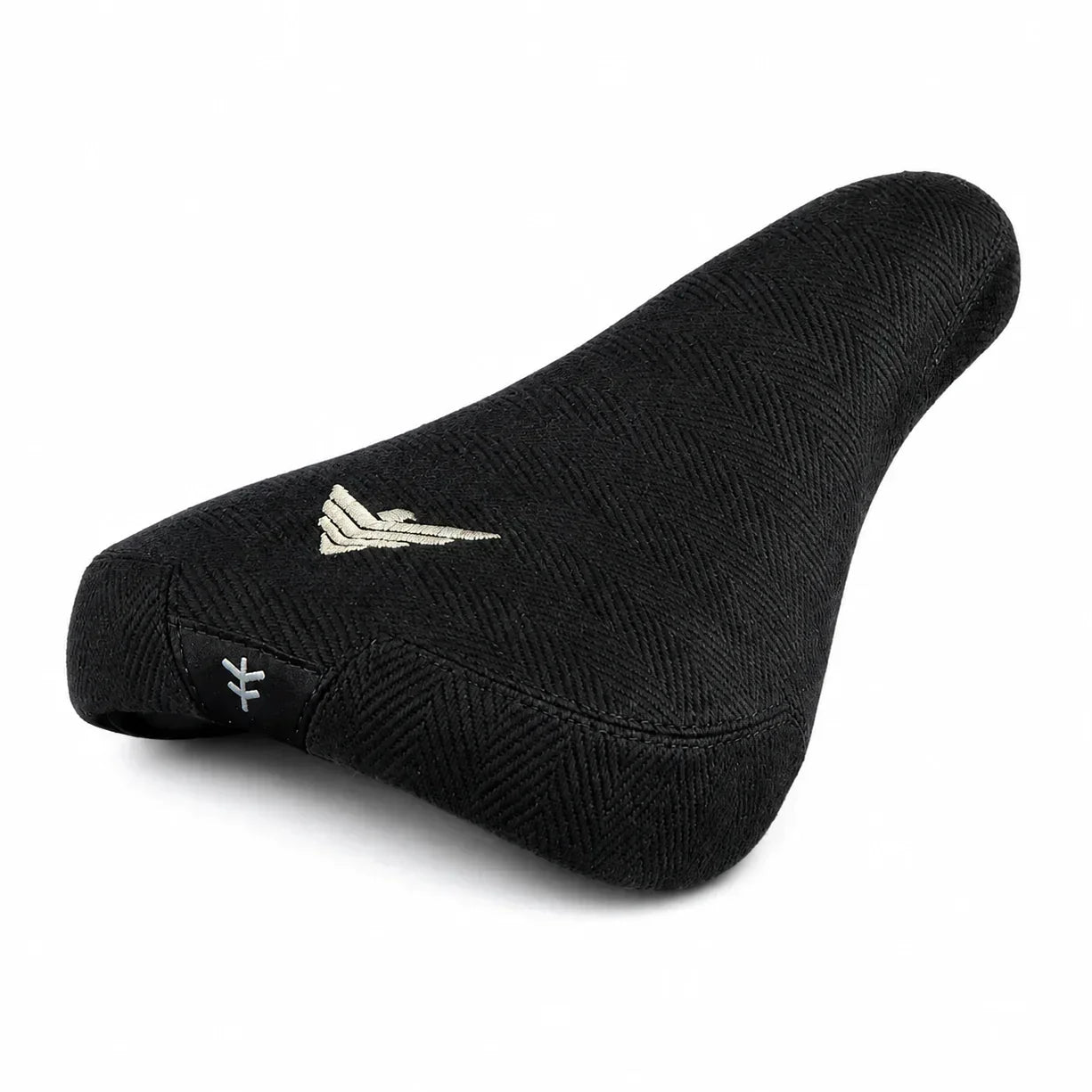 Selle BMX noire texturée avec logo brodé, design ergonomique pour vélo freestyle