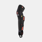 Black BMX knee and shin pad combo with red and yellow logo details on white background