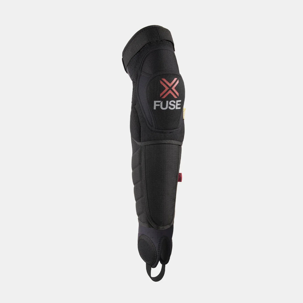 Black BMX knee and shin guard with reinforced padding and Fuse logo on the knee area