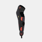 Black and red BMX knee and shin pad with reinforced padding and adjustable straps