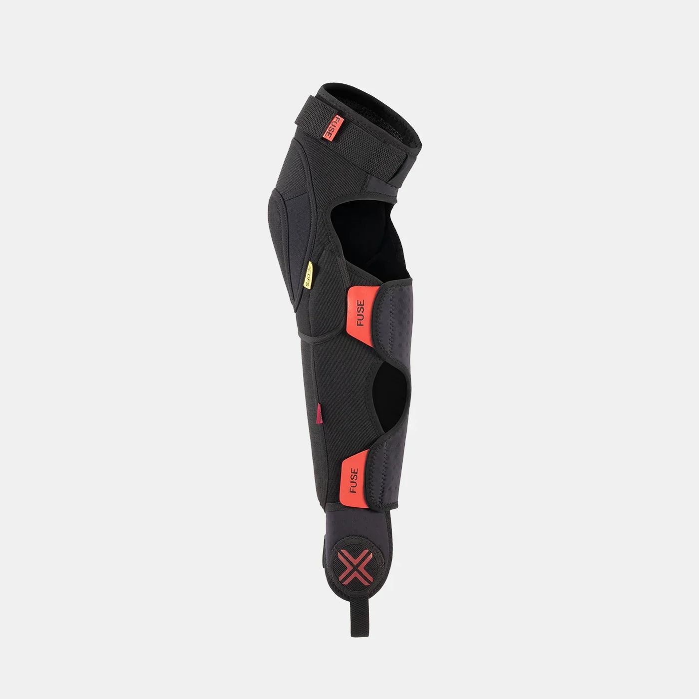 Black and red BMX knee and shin pad with reinforced padding and adjustable straps