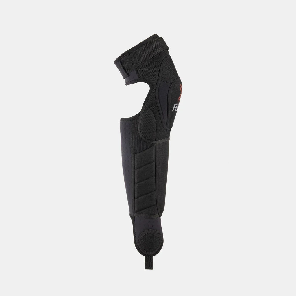 Black BMX knee and shin guard with strap, impact protection, and ergonomic design