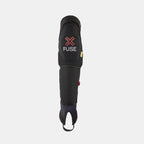 Black BMX knee and shin pad combo with protective padding and FUSE logo on white background