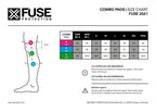 Combo pads size chart for BMX protective gear, showing leg measurement diagram and sizing table.