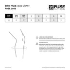 BMX shin pads size chart showing leg circumference measurements and sizing guide