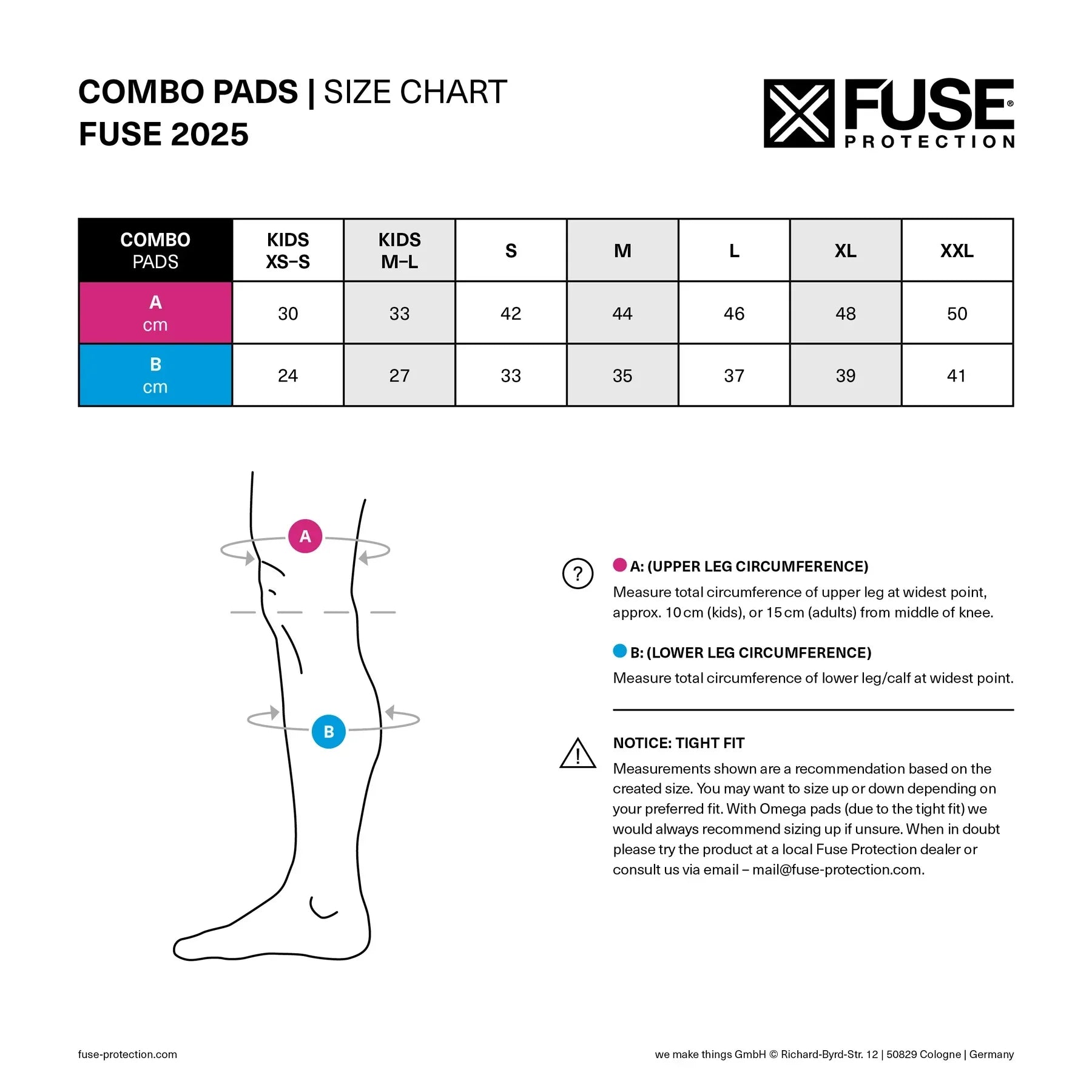 Fuse combo pads 2025 size chart with upper and lower leg measurement guide for BMX protection.