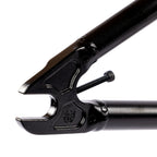 Close-up of black BMX bike frame dropout with tensioner screw, isolated on white