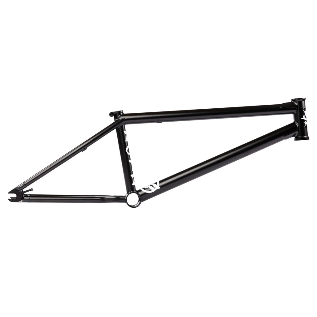 Black BMX bike frame with white graphics, side view, clean minimalist design