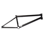 Black BMX bike frame with white graphics, side view, clean minimalist design