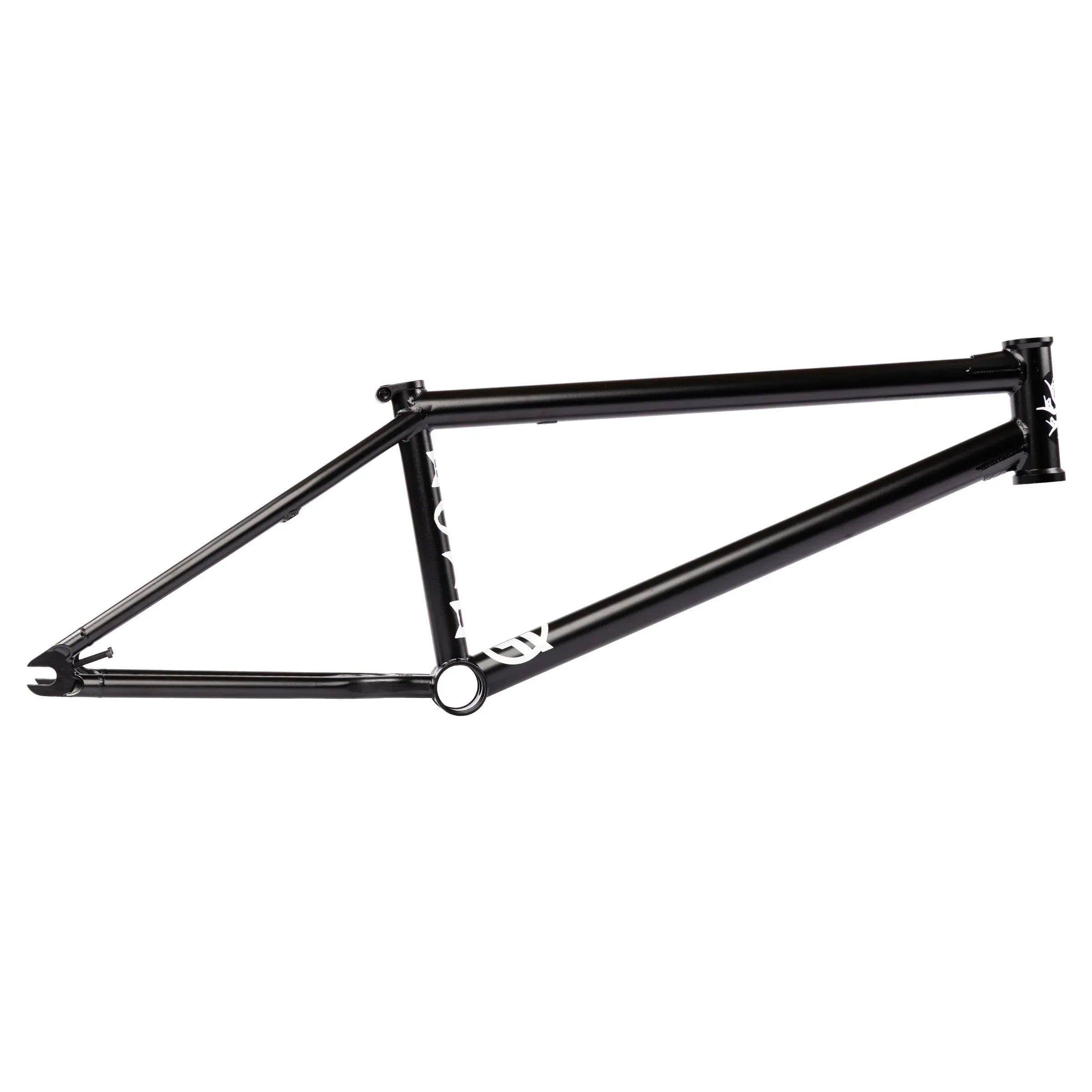 Black BMX bike frame with white graphics, side view, clean minimalist design