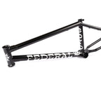 Black BMX bike frame with bold white graphics on a white background