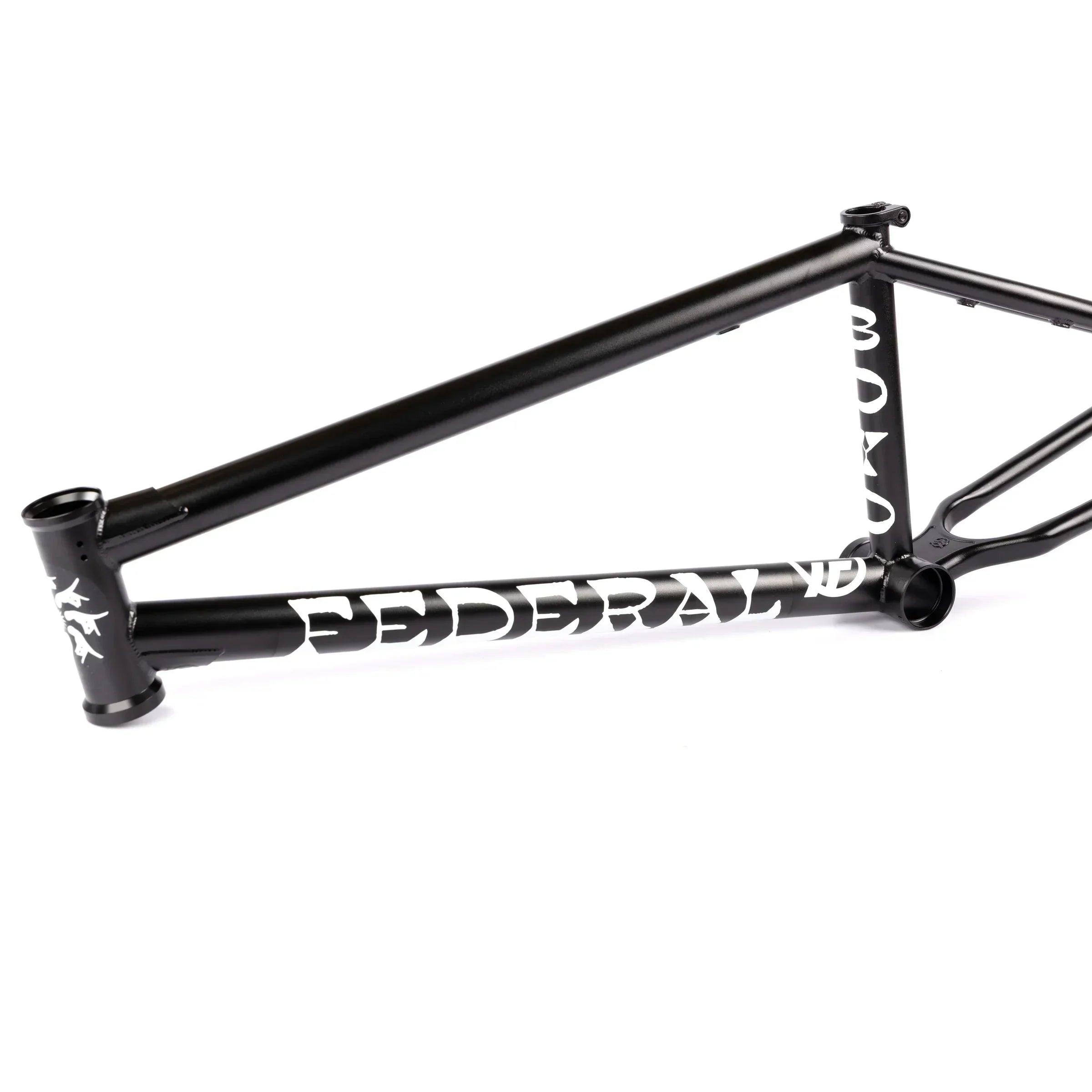 Black BMX bike frame with bold white graphics on a white background