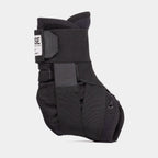 Black BMX ankle brace with adjustable straps and supportive padding on white background