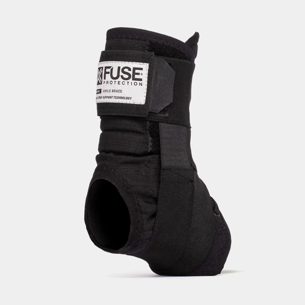 Black Fuse Protection ankle brace with Velcro straps, rear open heel design, on white background