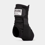 Black Fuse Protection ankle brace with Velcro straps, rear open heel design, on white background