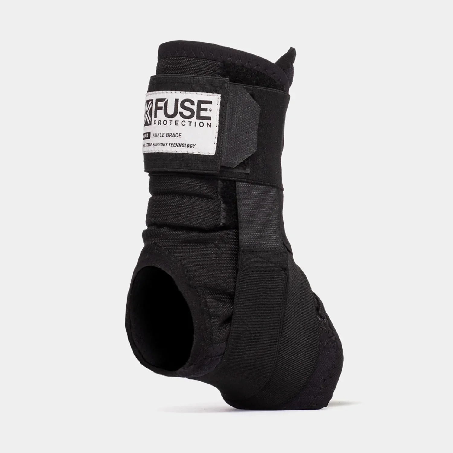 Black Fuse Protection ankle brace with Velcro straps, rear open heel design, on white background