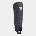 Black BMX shin and ankle guard pad with strap and protective padding on white background