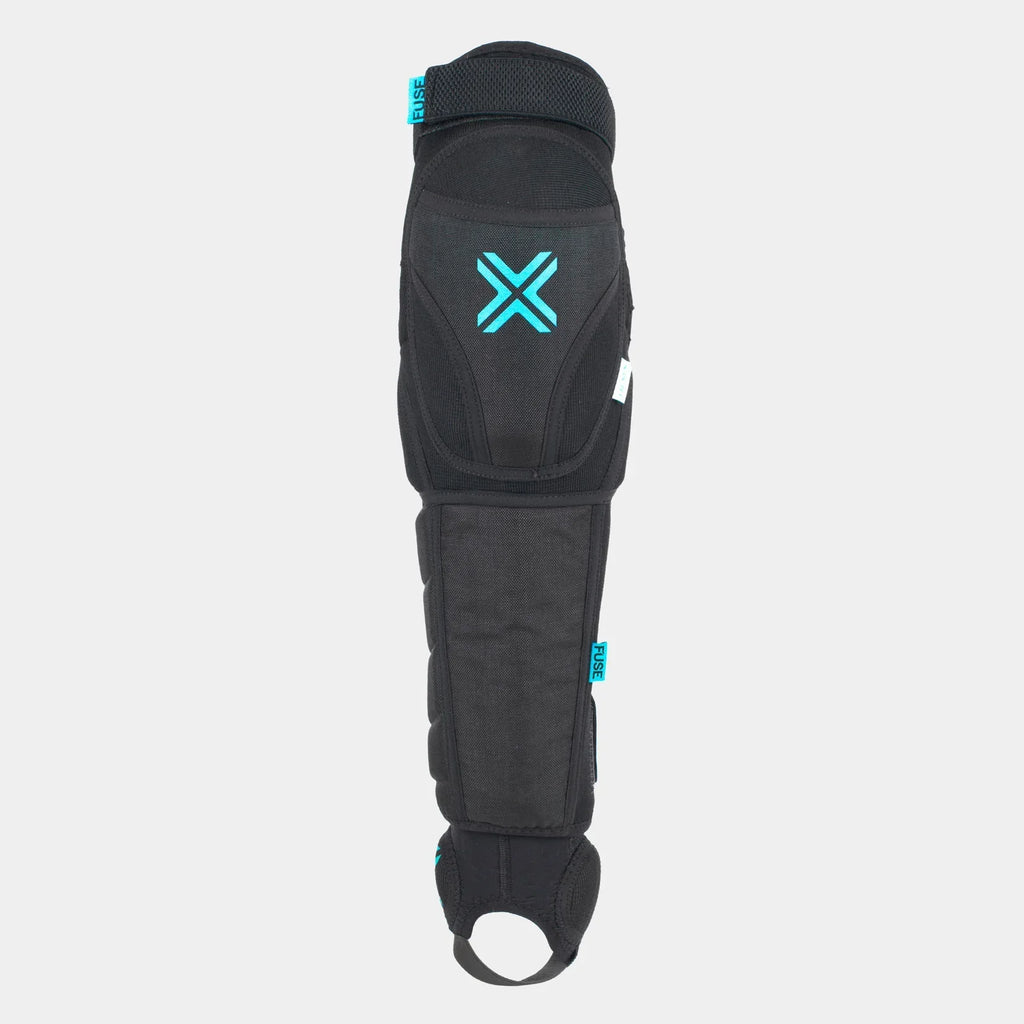 Black knee shin ankle guard pad with blue accents on white background