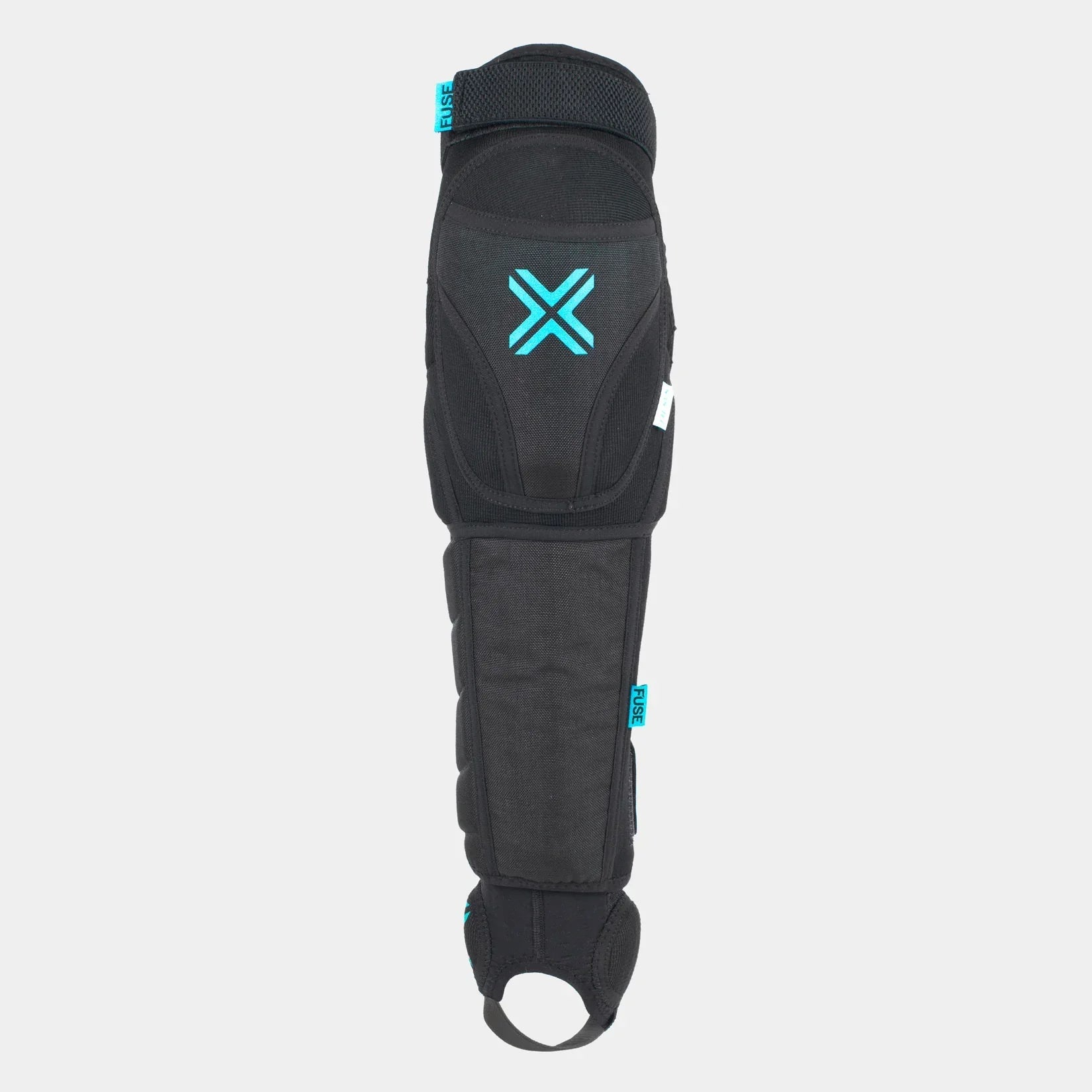 Black knee shin ankle guard pad with blue accents on white background