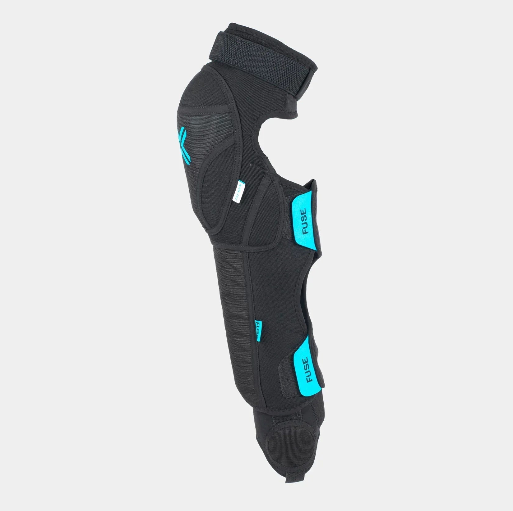 Black BMX knee shin ankle pad with blue Fuse labels, full leg protective gear