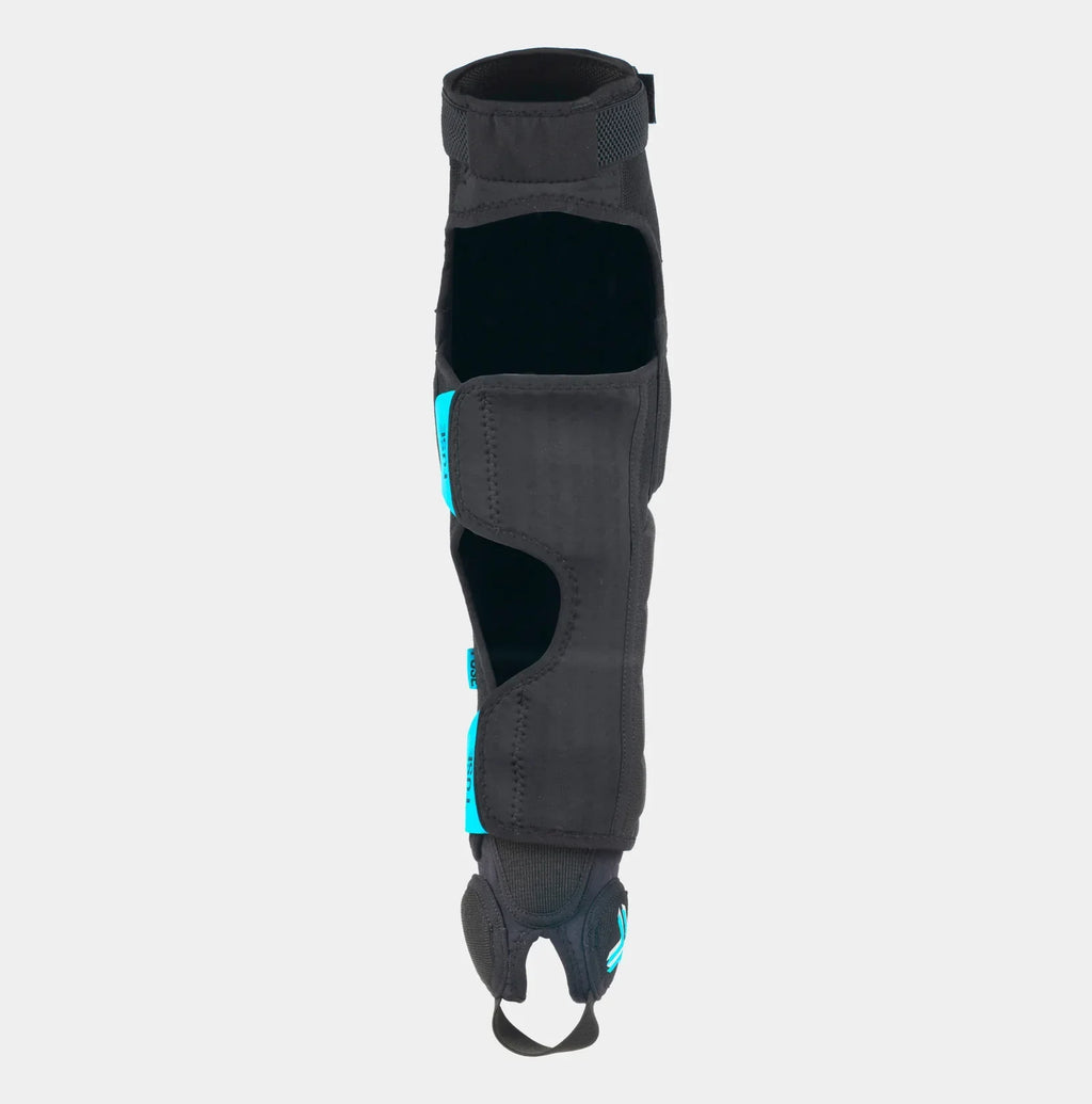 Grey and blue BMX knee shin ankle pad with open-back design on light background