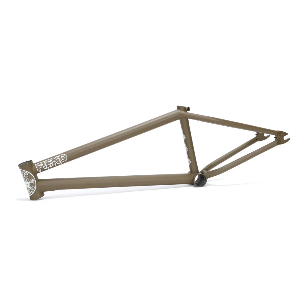 Brown BMX bike frame with white graphics, photographed on a white background