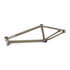Brown BMX bike frame with white graphics, photographed on a white background