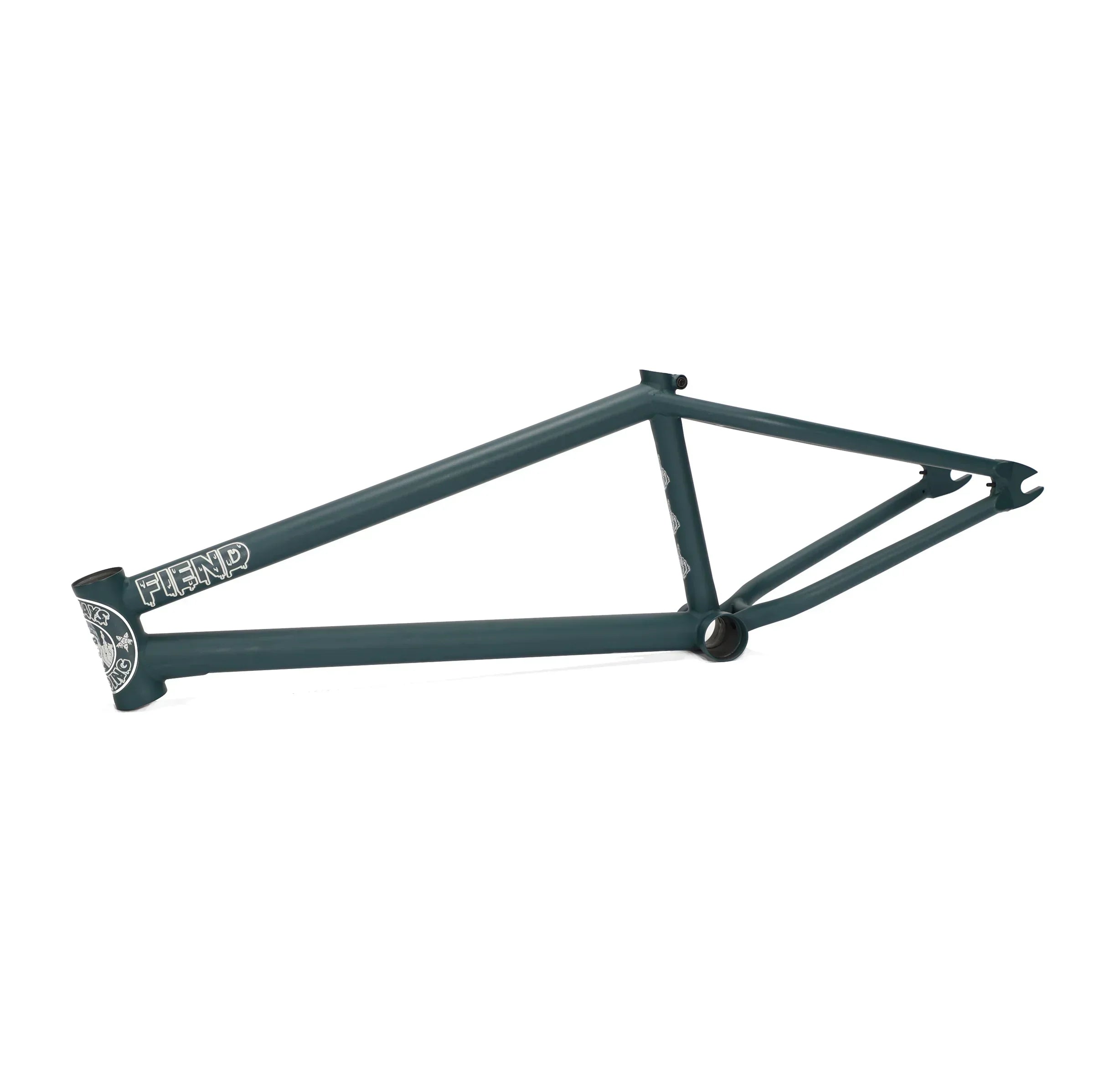 Teal BMX bike frame with FIEND logo, isolated on white background