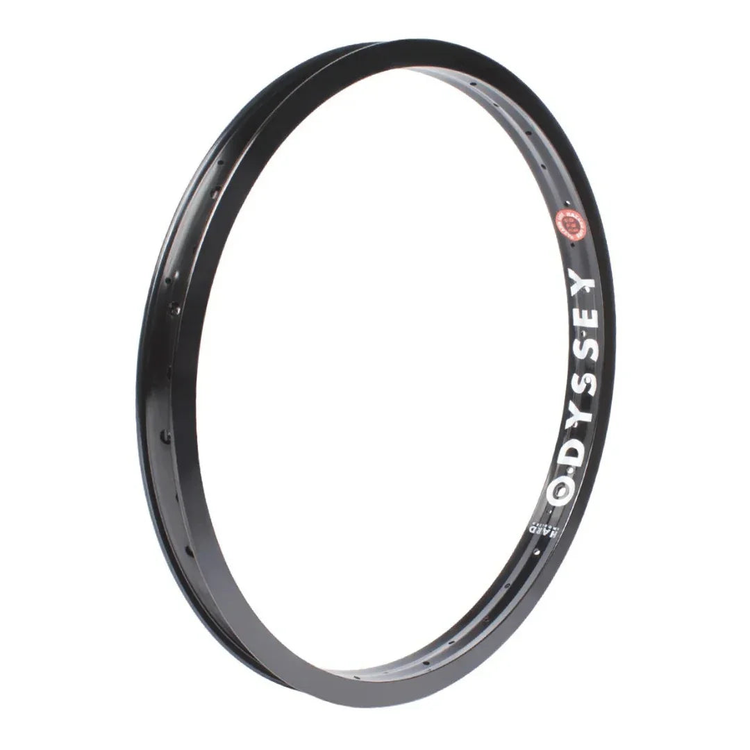 Jante de BMX noire Odyssey avec logo blanc et détails rouges, vue de profil sur fond blanc