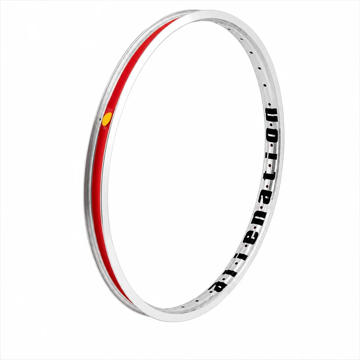 Jante BMX Alienation avec bordure rouge et point jaune, design robuste pour freestyle