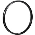 Black BMX bike rim with drilled spoke holes on a white background