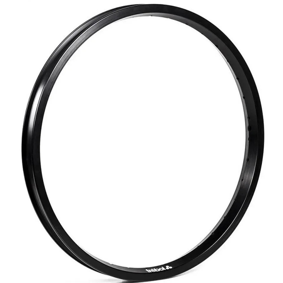 Black BMX bike rim with drilled spoke holes on a white background