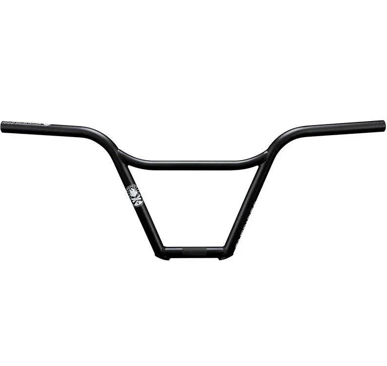 Black BMX bike handlebar with minimal graphics on white background