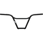 Black BMX bike handlebar with minimal graphics on white background