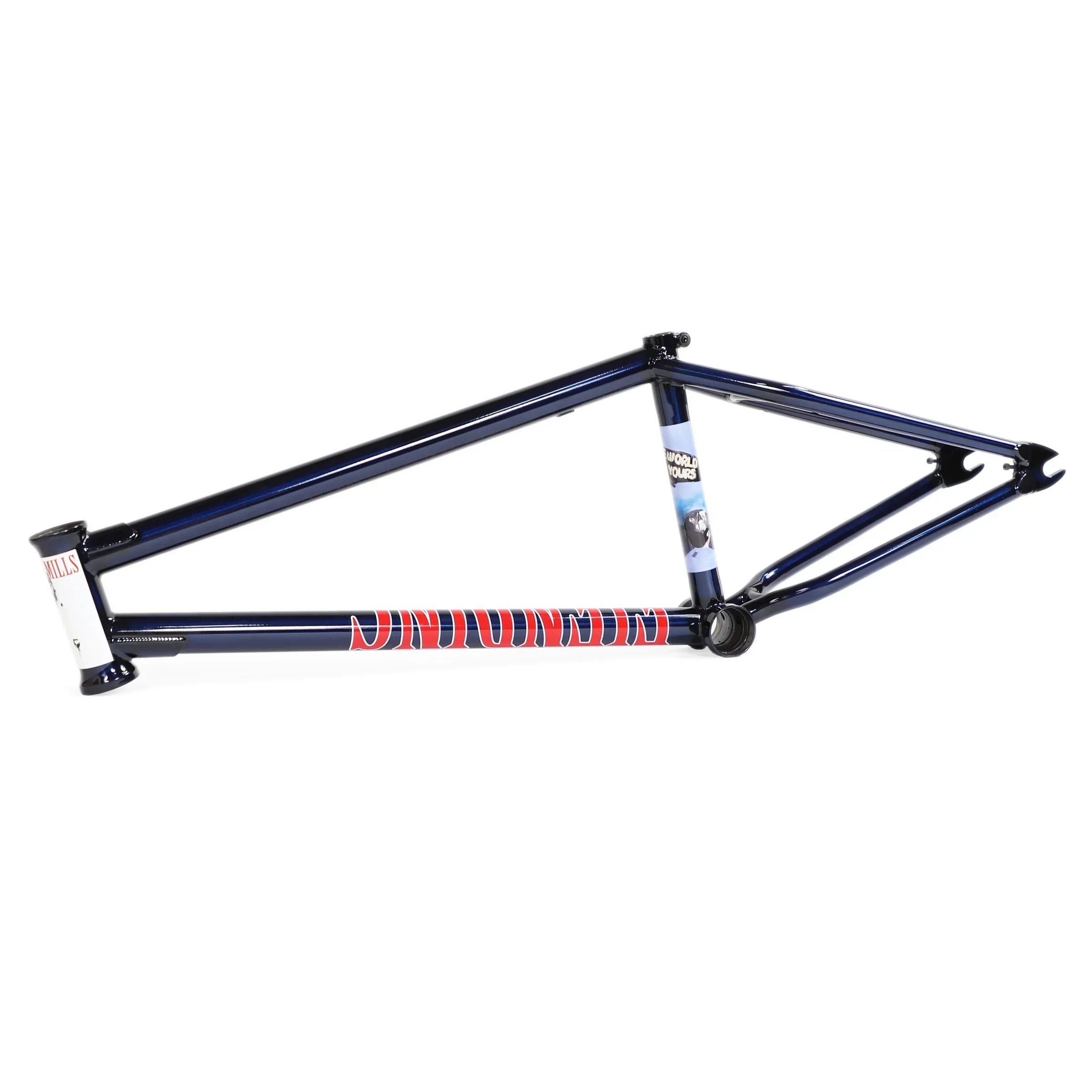 Blue BMX bike frame with red lettering and unique graphics on the seat tube, isolated on white background