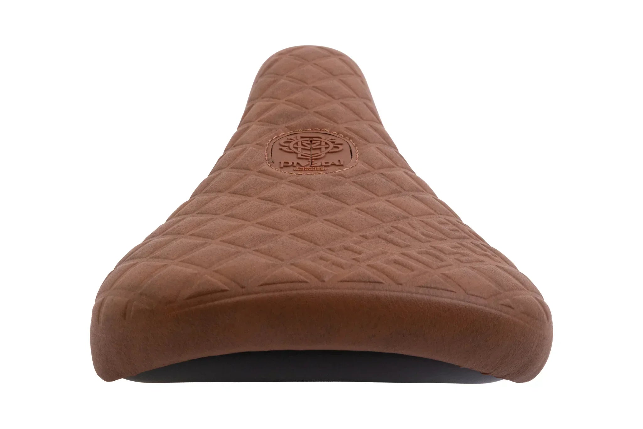 Selle BMX marron texturée avec logo central, design ergonomique pour vélo de freestyle